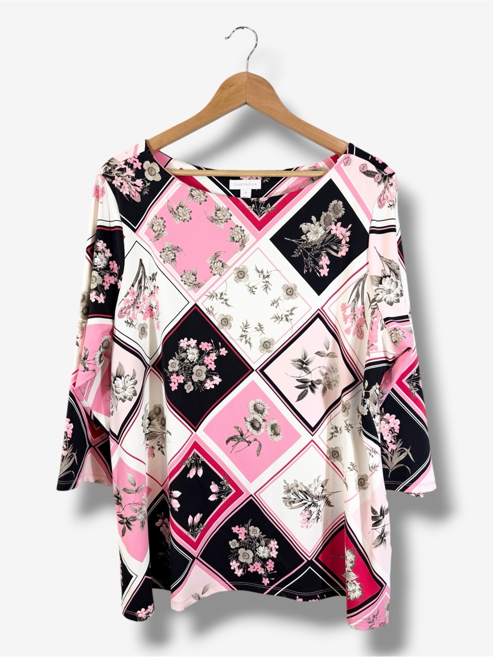 Charter Club Floral Tunic Top 2X Pink White Black Floral Casual Office Argyle